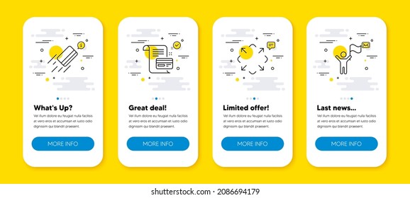 Vector set of Credit card, Payment card and Maximize line icons set. UI phone app screens with line icons. Leadership icon. Bank payment, Agreement conditions, Full screen. Winner flag. Vector