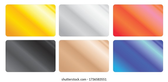 A vector set of credit card sized clean templates with shiny metal chrome gradient of different colors: silver, gold, bronze, black, red and blue.  Can be used as a retail bonus card.