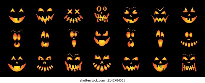 Vector Set of creepy, scary emotions, emojis for Halloween. Fire is inside. Face design for festive pumpkins. Icons of frightening facial expressions. Symbols of the holiday. An evil smile.