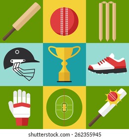 Vector set of cricket icons in flat design style.