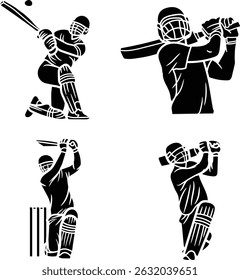 Conjunto vetorial de silhuetas do jogador de críquete, batsmen, Bowlers e elementos de críquete