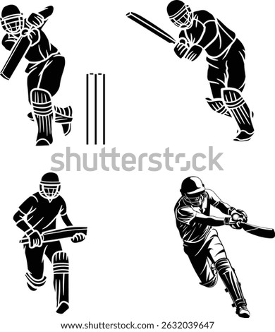 Vector Set of Cricket Player Silhouettes, Batsmen, Bowlers, and Cricket Elements