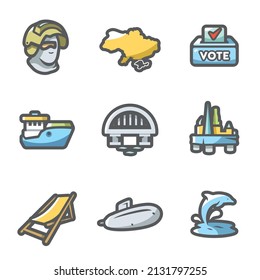 Vektorset von Krim-Symbolen. Soldier, Halbinsel, Voting, Fähre, Resort, Sea Oil Rig, U-Boot, Bridge, Dolphin.