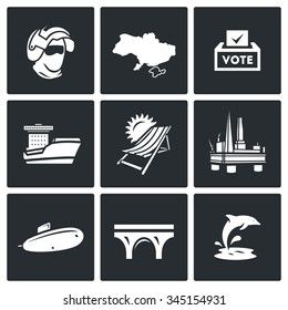 Vector Set of Crimea Icons. Soldier, Peninsula, Voting, Ferry, Resort, Sea Oil Rig, Submarine, Bridge, Dolphin. Commandos, Territory, Referendum, Ship, Beach, Industry, Weaponry, Kerch Bridge, Fauna.