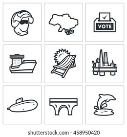 Vector Set of Crimea Icons. Soldier, Peninsula, Voting, Ferry, Resort, Sea Oil Rig, Submarine, Bridge, Dolphin.