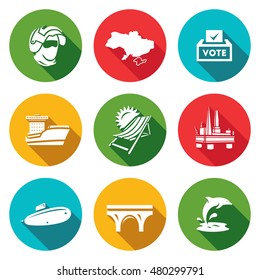 Vector Set of Crimea Icons. Soldier, Peninsula, Voting, Ferry, Resort, Sea Oil Rig, Submarine, Bridge, Dolphin.