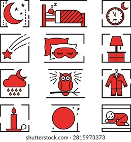 Vector set of crimson nighttime symbols including lunar phases a snoozing person and a nocturnal bird. Ideal for wellness or sleep product branding.