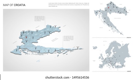 Vector set of Croatia country.  Isometric 3d map, Croatia map, Europe map - with region, state names and city names. 