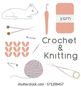 Vector set of crochet and knitting materials - yarn, needles and cat as a bonus