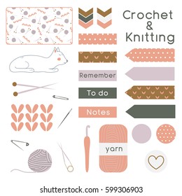 Vector set of crochet and knitting materials - yarn, needles and cat as a bonus with vintage creative cards, stickers and labels for project or planner