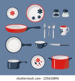 Vector set of crockery and kitchen wares. 