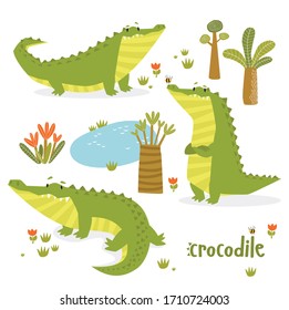 vector set of crocodiles. Cartoon crocodiles. Cartoon character. Tropics. African animal.
