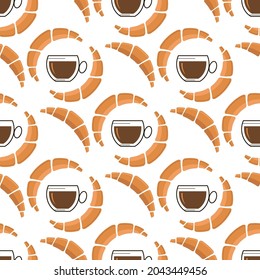Vektorset von Croissant mit Cup of Coffee Icon einzeln auf weißem Hintergrund. Nahtloses Muster.