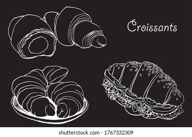 Vector set of croissants isolated on black background,lined engraved  drawing for banners and printing. Graphical illustration	