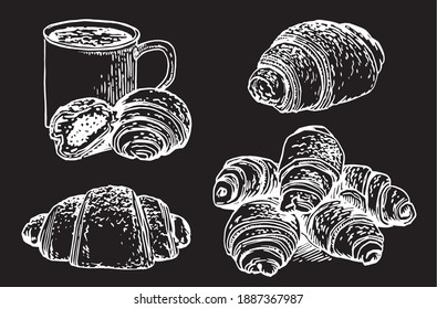 Vector set of croissants on black background, illustration