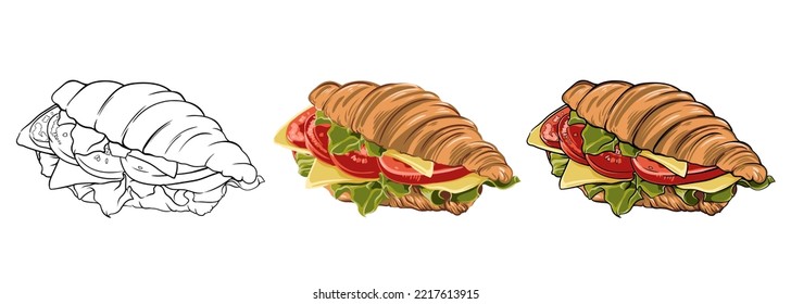 vector set of croissants sandwiches hand drawn, drawing in outline and in color. food vector illustration