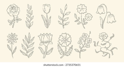 Vector set of cross stitch embroidery monochrome wild flowers. Vintage lace needlepoint floral elements. Pixel art branches and herbs for trendy ornate design. Delicate sewed plants