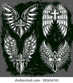 Vector Set of cross and wings - tattoo - elements - dark style - Grunge effects can be easily removed 