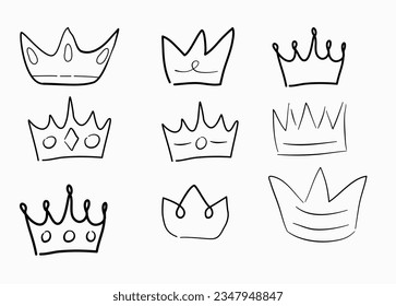 Conjunto vectorial de garabatos de la corona. Elementos dibujados a mano aislados sobre fondo blanco.