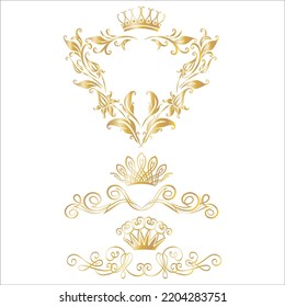 Vector Set Of Crown With Golden Ornaments Luxury Illustration Isolated On White Background