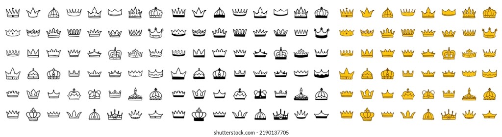 Vector set of Crown icons in different styles isolated on a white background. Royal or queen sign, premium symbols, doodles clip art.