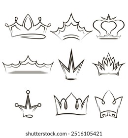 Vector set of crown. Simple crowning, cute queen or king crowns pack. Minimalist hand drawn crowns. Royal imperial coronation symbols, monarch jewel tiara.