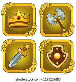 Vector set of crown, wooden shield, sword and axe in golden frames with laurels. Perfect for games or other design works