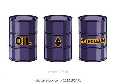 Vector set of crude oil icons. Three drawn metallic barrels with a black and yellow inscriptions 'oil', 'petroleum' and with a simple sign of drop.  Steel drums with a fossil fuel. Isolated objects.