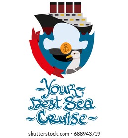 Vector Set of cruise liner, gull and Captain's cap. Design for banner or poster. Illustration isolated on white background with place for text