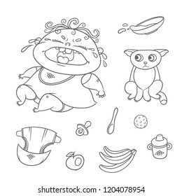 Vector set crying child and scared kitten. Chubby curly kid and cat. Baby bottle with water or milk, other food. Flat black color sketch contour illustration