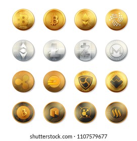 Vector set of crypto currency logo gold, silver, bronze coins: Bitcoin, Litecoin, Augur, Monero, Nem, Ethereum, Dash, Stratis, Ripple. Crypto currency coins vector collection. Crypto currency logo set