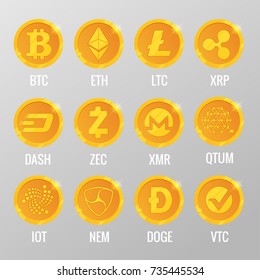 Vector set of Cryptocurrency gold coins with Bitcoin, ETH, LTC, XRP, DASH, ZEC, XMR, QTUM, IOT, NEN, DOGE, VTC. Digital virtual currency, form of money uses cryptography for security, trading online