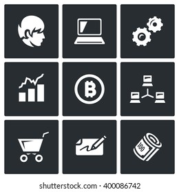 Vector Set of Cryptocurrency Icons. Programmer, Computer, Gear, Quote, Coin, Network, Buy, Check, Money. Electronic exchange mechanism, digital means of payment.