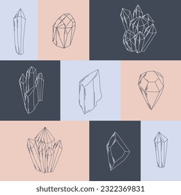 Vector set of crystal illustrations in minimal linear style, hand drawn gems and crystals, minimal line art drawing, pre-made poster