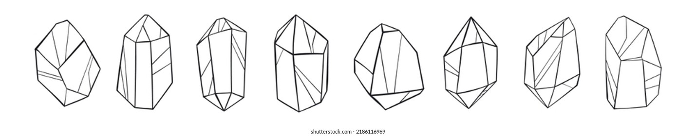 Vector set of crystals. Collection of gemstone in line art style. Hand drawn graphic geometric diamonds. Outline polygon minerals. For web, prints, tattoo