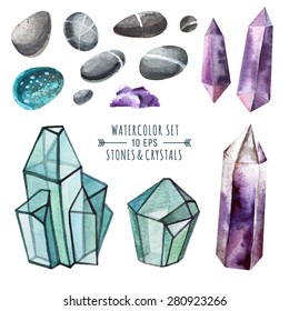 Vector set of crystals in watercolor style. Crystals of amethyst and glass polygons, pebbles and other stones. in watercolor style. Illustration  in indie style.