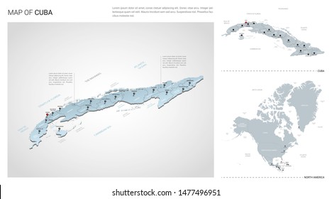 Vector set of Cuba country.  Isometric 3d map, Cuba map, North America map - with region, state names and city names. 