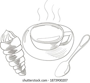 Vector set with cup of coffee or tea, cake and spoon