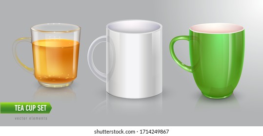 Vector set of cup for tea or coffee. Ceramic, glass transparent cup.
