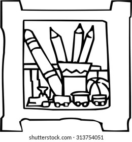 Vector set cupboard with blocks of shelves filled toys and things, dishes. Pattern hand drawn cartoons style.