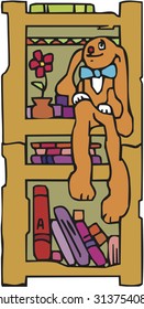 Vector set cupboard with blocks of shelves filled toys and things, dishes. Pattern hand drawn cartoons style.