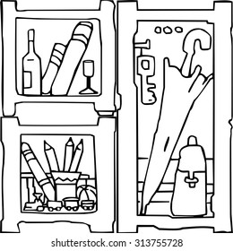 Vector set cupboard with blocks of shelves filled toys and things, dishes. Pattern hand drawn cartoons style.