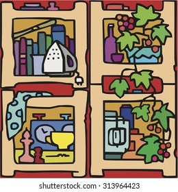 Vector set cupboard with blocks of shelves filled household items of various shapes. Pattern hand drawn cartoons style.