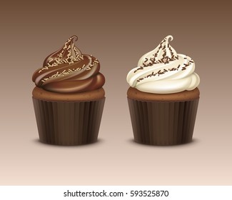 Vector Set of Cupcake with White Brown Chocolate Whipped Cream and Sprinkles Close up Isolated on Background