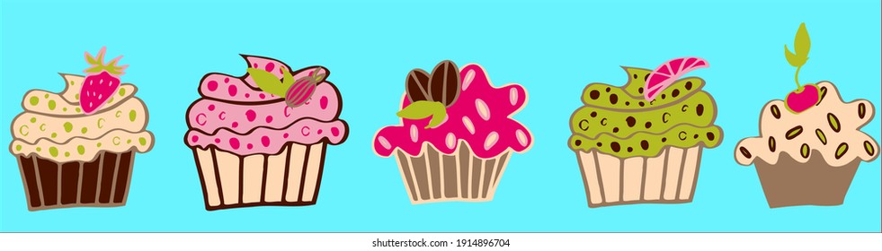 vector set of cupcakes with cream, berries, chocolate and mint