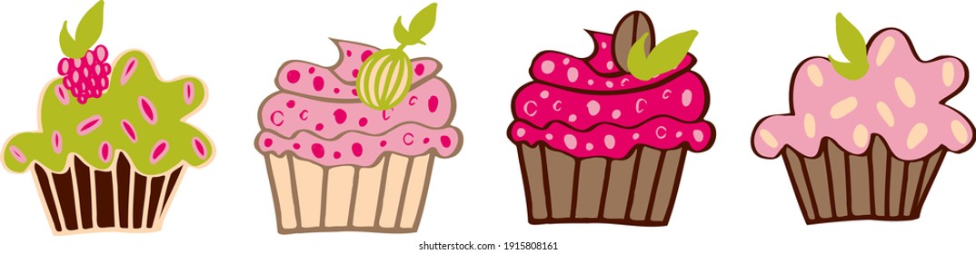 vector set of cupcakes with cream, berries, chocolate and mint. Pattern for cards, invitations, wrapping paper, dessert menu, wallpaper, notebooks, scrapbooking and fabric. Multicolored isolated