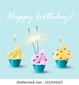 Vector set of cupcakes with different flavors and decoration, burning candles and bengal lights sparklers. Happy birthday concept