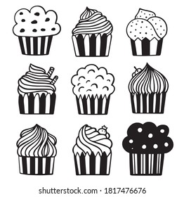 vector set of cupcakes doodle hand drawn