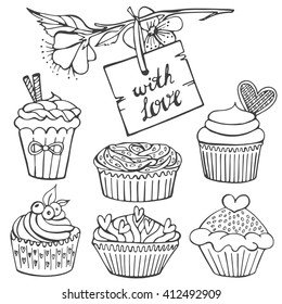 Vector set with cupcakes and flowers hand drawn in vintage style. Illustration isolated on white background. Elements for wedding, valentines day, birthday. Sweet dessert menu.
