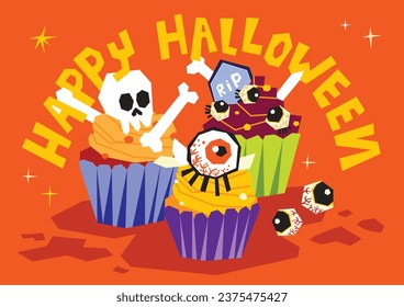 Vector set of cupcakes with halloween decoration